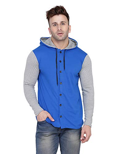 Image of Geum Men's Full Sleeve Hooded T-Shirt with Button-Down Front | Casual Slim Fit Cotton Shirt-Style Tee