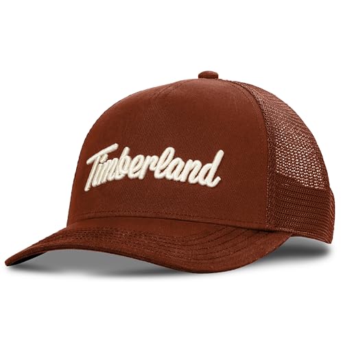 Timberland Trucker Hat for Men - Durable Cotton Twill Adjustable Snapback Cap Breathable Mesh Back Burnt Henna One Size