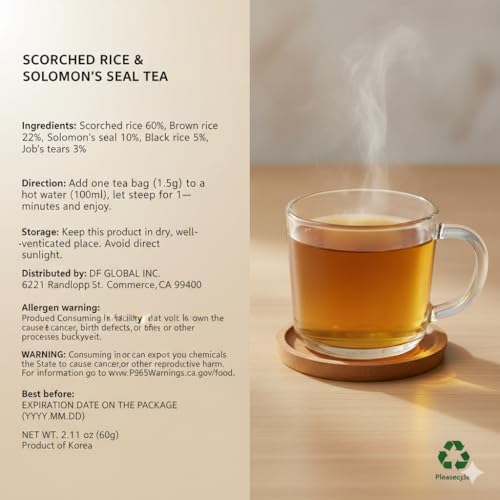 Damtuh Korean Roasted Rice Tea Bags with Solomon&rsquo;s Seal, Caffeine-Free Traditional Tea, 1.5g x 40 Bags