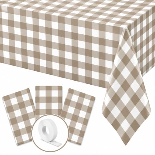 Image of Blue Orchards Brown Gingham Table Cover (Pack of 3 with 20 Glue dots) - 54 inchx108 inch XL - Brown and White Buffalo Checkered Picnic Plastic Tablecloth, Camping Decoration, Outdoor Birthday Party Supplies