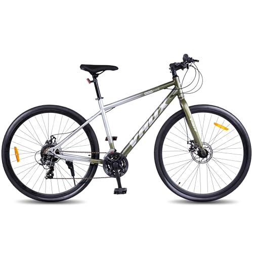 Image of Vaux City-Pro 700C Hybrid Cycle for Men with Gears|21 Speed Shimano Gears| 19 Inch HI-Ten Steel Frame| Dual Disc Brakes| 700x35C Tyres|Double-Wall Alloy Rims (Silver-Green, Multispeed, Rigid Fork)