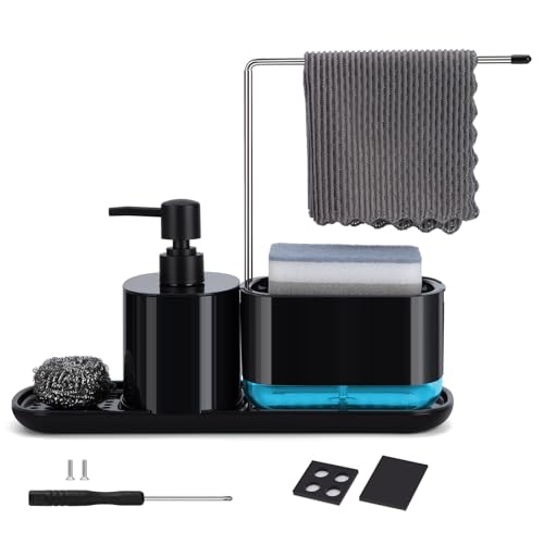 Dosificador Jabon Cocina Organizador de Fregadero Negro con Bandeja y Soporte para Esponja,Bola de Alambre de Acero,Dispensador de Detergente