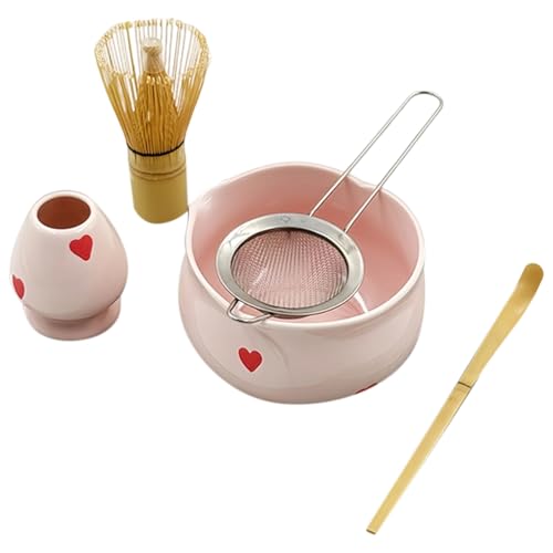 Fegtrtyoa Ensemble de 5 Tasses à Matcha en Céramique avec Décalcomanies en Forme de Cœur Rose, Comprenant Un Bol à Matcha, Un Fouet à Matcha, Un Support, Une Cuillère en Bambou et Un Tamis.