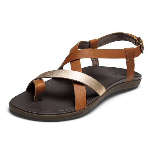 OLUKAI Upena Women's Strappy Beach Sandal, Lightweight & Durable Design, Water Resistant Slides for All-Day Comfort & Style, Mustard/Bubbly, 8