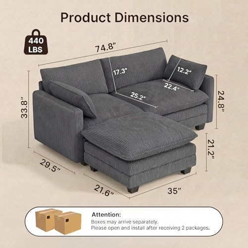 Image of Gizoon 75'' Loveseat with Ottoman for Small Space L Shaped Cloud Coucher with Deep Seats, 2 Seater Love Seat Sofa with Washable Corduroy Cover for Living Room Bedroom, Gray