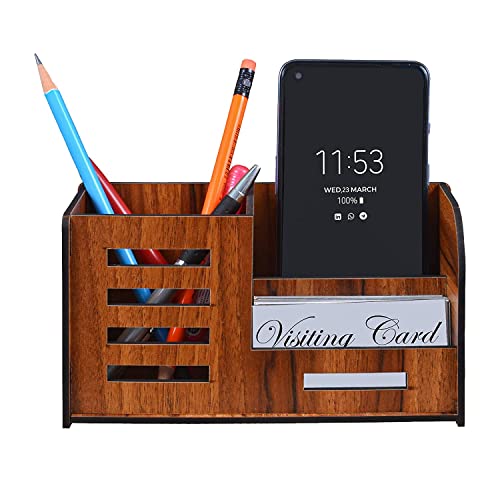Image of Deskart Stylish Pen Stand with Business Visiting Card & Mobile Holder | Multipurpose Wooden Desk Organizer for Office Desk and Study Table