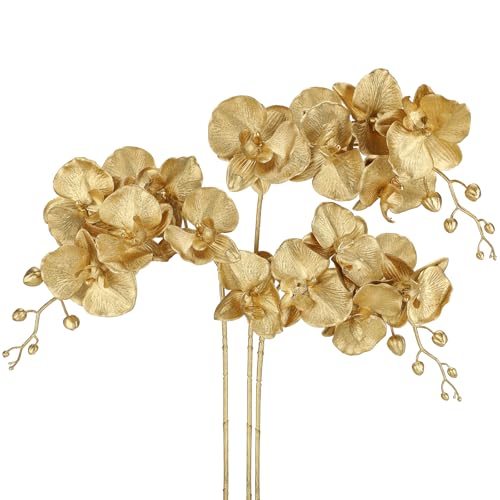 Kunstblume Orchideenzweig Künstliche Phalenopsis Orchidee Dekorative Weiße Blumen Kunstzweig Deko Real-Touch Kunstblumen Wie Echt mit 9 Blüten (Gold, 3 PCS)