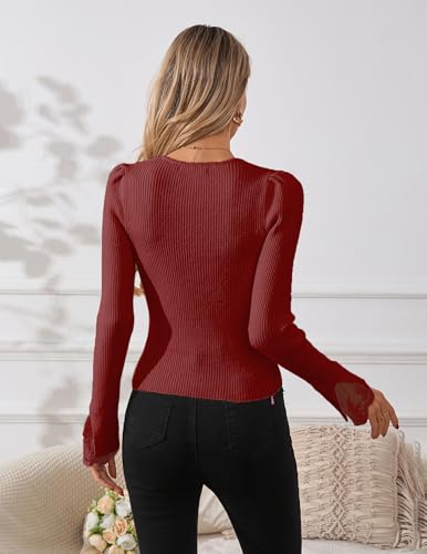 Image of Libsorge Womens Slim Dressy Pearl Lace Ruffle Sweater Fall 2025 Business Casual Outfits V Neck Ribbed Knit Tunic Tops