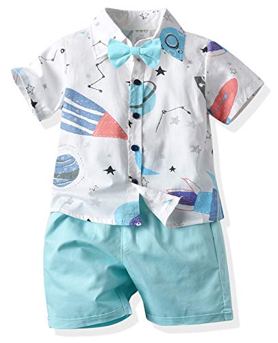 Happy Cherry Newborn Boys Cartoon Pattern Bowtie Button Short Sleeve Top Elastic Shorts Sets Floral 3 2-3T