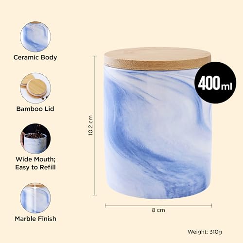Image of UMAI Ceramic Jar with Bamboo Lid - 400ml| Air Tight Containers for Kitchen Storage | Multipurpose-Tea,Coffee,Snacks,Sugar,Salt,Dry Fruit,Pulses | Kitchen Organizer Items & Storage | Gift Items|Blue