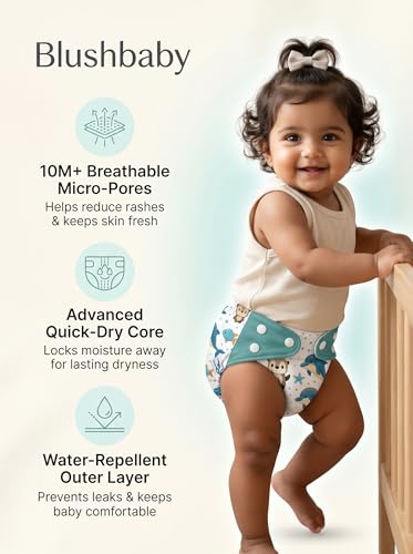Image of Blushbaby Premium Reusable Cloth Diapers for Babies | 3 Months-3 Years | 2 Washable Diapers with 2 Absorbent Insert Pads | Adjustable, Leakage Proof cloth diapers for babies | Freesize Diaper 5-18kg