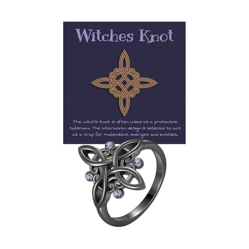 MQCEHTI Witches Protection Knot Ring for Women Handmade Celtic Knot Triquetra Trinity Copper Rings Rose-Gold Detail Jewelry Card (Black Purple 9)