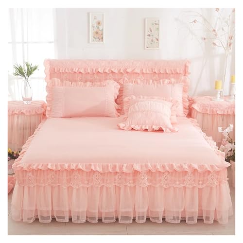 Faldones De Cama 1 Pieza de Falda Cama Encaje + 2 Piezas Fundas Almohada, Juego Princesa, colchas, sábanas for niña, Funda tamaño King/Queen Dormitorio(Flesh Pink,180x200cm 3pcs)