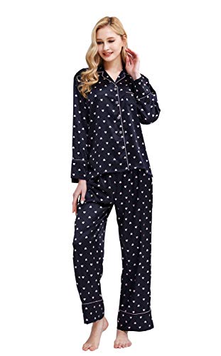 Womens Silky Satin Pajamas Button Down Long Sleeve Sleepwear PJ Set Loungewear (Dark Navy Heart with Pink Piping, Small)