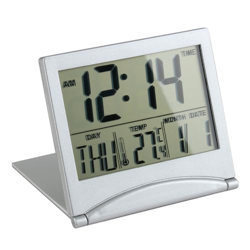 Pennle Digital Travel Alarm Clock with LCD Display, Foldable Desk Top Clock with Day, Date, and Temperature Indication, Battery Operated Small Digital Alarm Clock for Travel and Home Use, Silver
