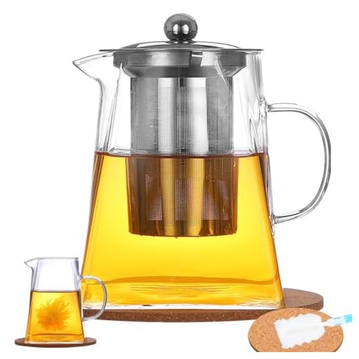 AODIGEGE Square Glass Teapot with Infuser, 950ml Tea pot, Teapot Cork Coasters, Bottle Cleaning Brush, Borosilicate Glass Teapot for Stovetop Safe,Glass Teapot for Blooming Tea,Loose Tea,Flowering Tea
