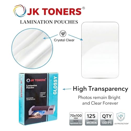 Image of JK Toners 70mm*100mm 125 Micron Laminating Pouches, Clear Glossy Finish, Waterproof | Perfect for Document & Certificate Protection (Pack of 100) (70mm x 100mm) (Pack of 2)