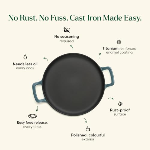 Image of Ember Cookware TitaniumClad Enamel Cast Iron Tawa for Dosa 30 cm | 10-Year Warranty | Rust-Proof Cast Iron Tawa for Roti & Dosa | Non Stick Dosa Tawa | Heavy Duty Induction Cookware | Ocean