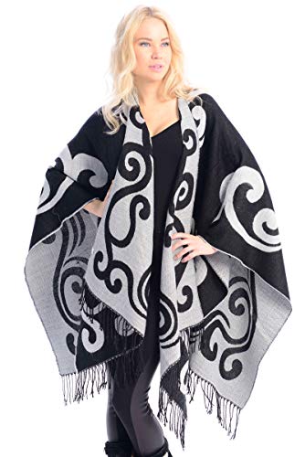 BYOS Womens Winter Reversible Swirl Pattern Open Front Shawl Warp Ruana