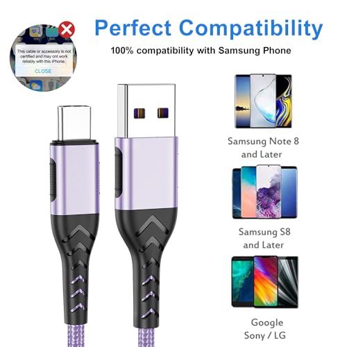 Image of Durcord USB C Fast Charger Cable, 2Pack 6ft USB Charger Fast Charging Type C Cord Cable, 6 Foot Type C Charger Premium Nylon Braided USB Cable Only for A-C Sam Sung and Android-Light Purple