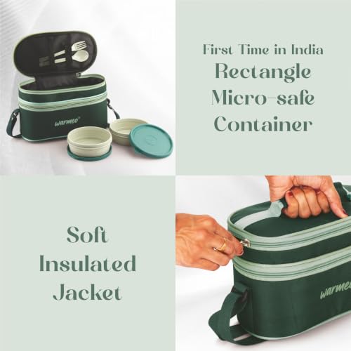 Image of WARMEO Micro Meal Microwave Safe Lunch Box | 1 Rectangular Container 600ml + 2 Round Container 350ml Each | BPA Free I Stylish Durable Jacket I Ideal for Office,School,Outdoor, Picnic,Green