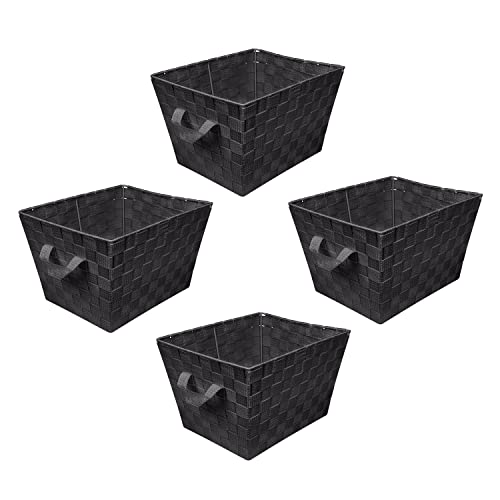 Image of Simplify Medium Woven Strap Tote | Decorative Storage Basket | 2 Handles | Organization | Closet | Bedroom | Bathroom | Nursery | Accessories | Toys | Gifts | 4 Pack | Black