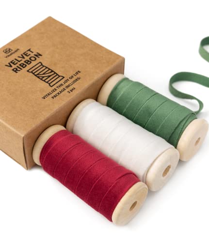 Vitalizart Christmas Velvet Ribbon Set 3/8' x 15 Yd Wooden Spool...