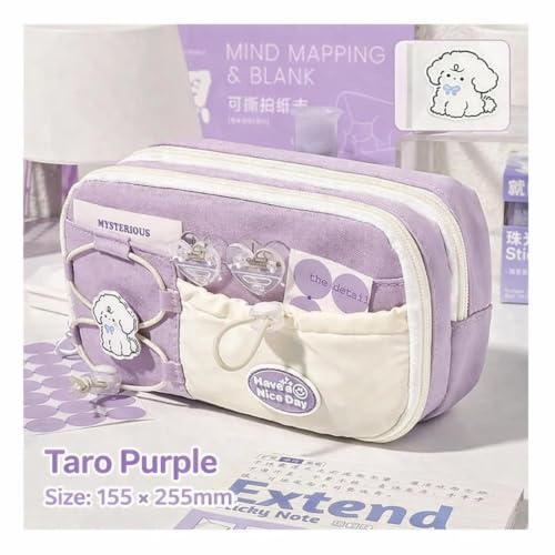 Image of Purple Dog Pencil Pouch for Girls, Large Capacity Multi-Compartment | Cute puppy design with front pocket and pin. Multiple compartments organize pens, pencils and school supplies.