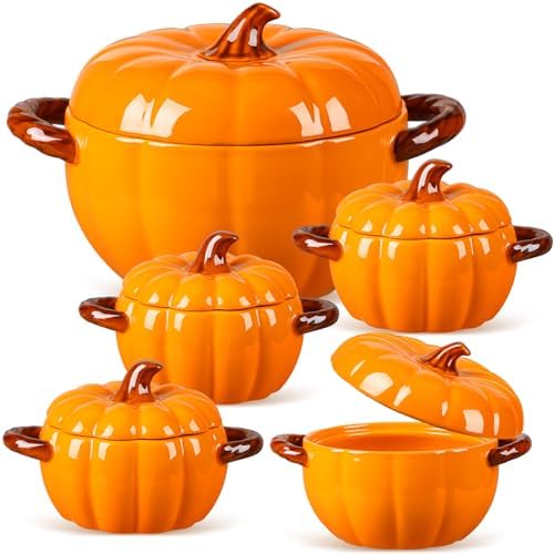 Maxdot Set of 5 Ceramic Pumpkin Bowls with Lid and Handles Pumpki...