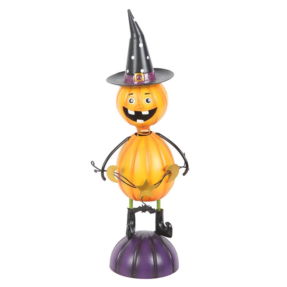 Something Different  Metal Pumpkin Man Ornament With Witch Hat Orange