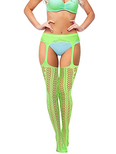 6 Pairs Women Fishnet Thigh High Stockings Garter Belts and Suspender Pantyhose Stockings for Halloween (Classic, White, Grey, Light Blue, Carmine, Fluorescent Green, Black,Medium-Large)4