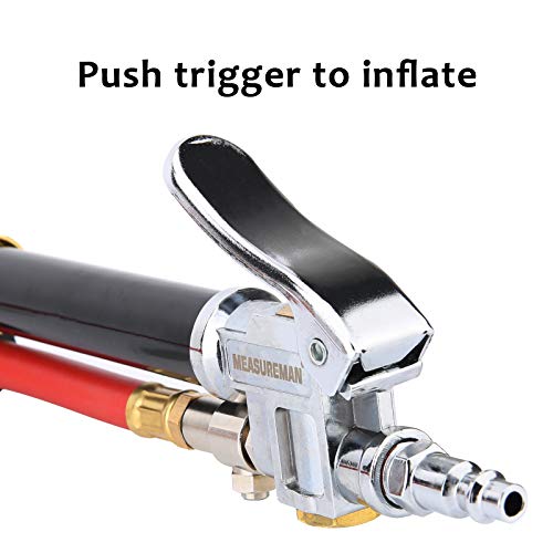 Measureman Heavy Duty Bayonet Style Tire Inflator, Aluminum Body, 20" Red Hose, Clip On Air Chuck, Aluminum Slide, Range 10-130Psi/Kpa #TOP5