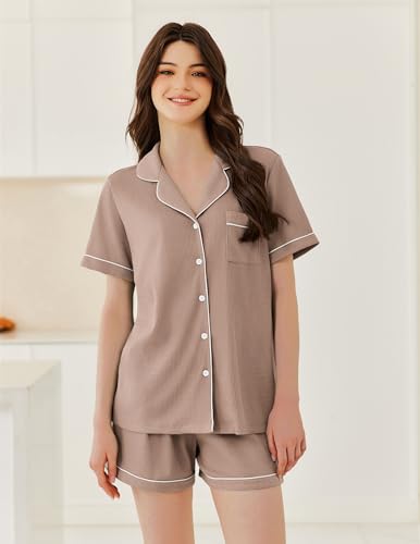 Image of Ekouaer Womens Waffle Knit Pajama Sets Soft Short Sleeve Button Down Sleepwear Cozy 2 Piece Pjs Shorts Set
