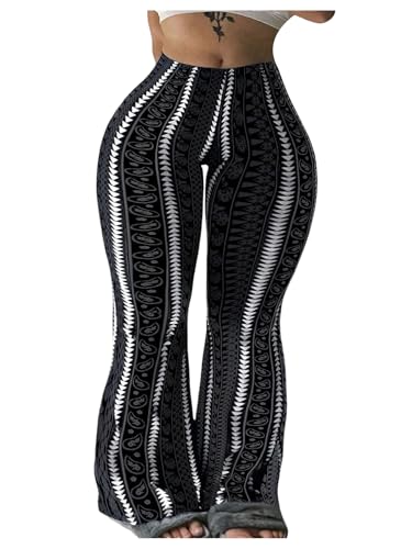 Milumia Women's Plus Size Striped Geo Bell Bottoms Flared Hem Casual Long Pants