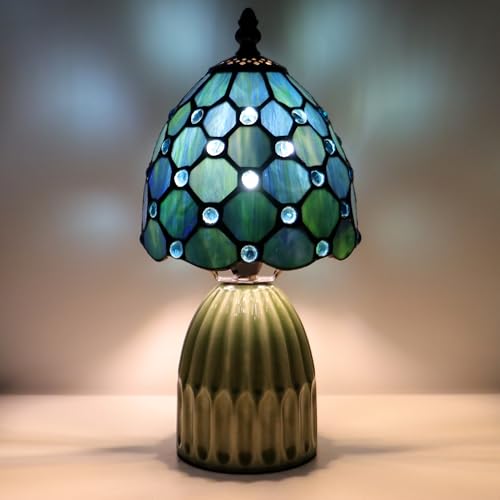 Tiffany-Style Stained Glass Mushroom Table Lamp 12.5in (Sea Blue Pearl)