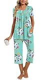 COFNEW Womens Summer Pajama Sets 2 Piece Short Sleeve Top and Capri Pants Plus Size Ladies Lounge Pjs Sets with Pockets L, Mint Green
