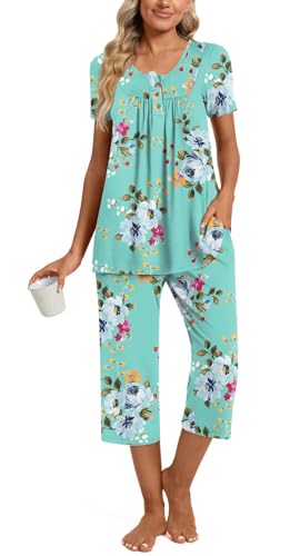 COFNEW Womens Summer Pajama Sets 2 Piece Short Sleeve Top and Capri Pants Plus Size Ladies Lounge Pjs Sets with Pockets XL, Mint Green