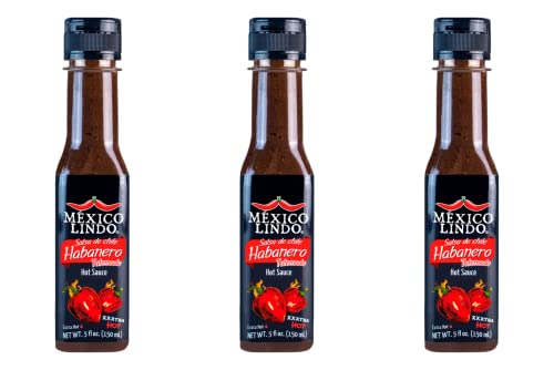 Image of Mexico Lindo Habanero Hot Sauce Xxxtra Hot | 83,200 Scoville Level | Mix of Habanero, Tatemados & Spices | Perfect for Quesadillas, Soups & Nachos | 5 Fl Oz Bottles (Pack of 3)