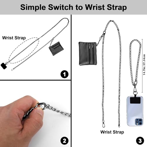Image of XANGNIER Clip and Go Strap for Phone with Wallet Crossbody, Phone Strap with Zippered Wallet, Adjustable Anti Theft Cellphone Lanyard for Women, Cellphone Chain Accessories,Chain Black