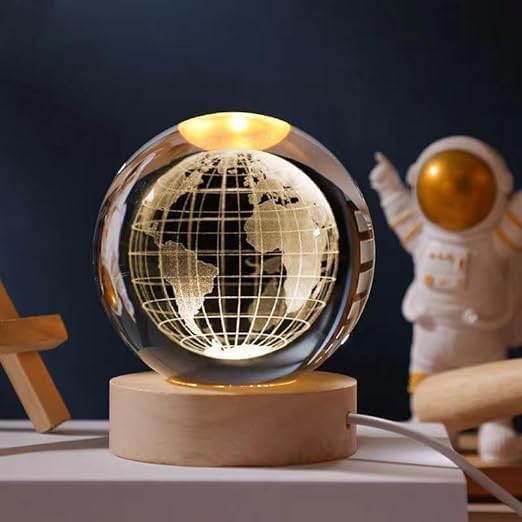 Image of 3D Globe Crystal Ball LED Night Lamp, Creative Engraved Night Light with Wooden Base, Warm White Decorative Table Lamp for Home, Bedroom, Kids Room, Gift (Globe)