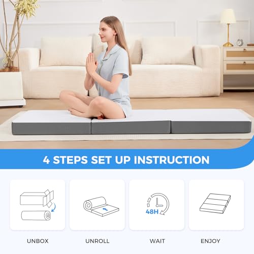 Image of MASVIS Trifold Mattress, 3 Inch Memory Foam Foldable Mattress with Washable Cover, Tri-Folding Floor Bed for Camping, Single