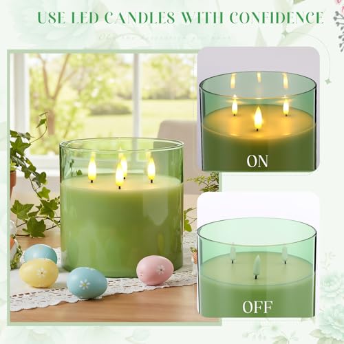 Image of Retisee 6'' x 6'' Extra Large Flameless Candles, 3 Wick Glass Large Fall Candles with Remote Control and Timer Function, Real Wax LED Pillar Flickering for Autumn Party Decor(Classic,Green,1 Pcs)