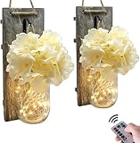 YI LIGHTING Set of 2 - Rustic Wall Sconces - Mason Jars Sconce with Remote Control, Flowers, LED Fairy Lights for Home Wall Door Decoration Gift (Grey)