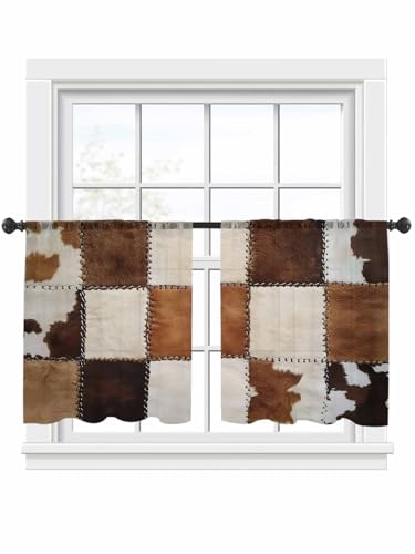 Sheer Curtains Cowhide 2 Panels Voile Window Drapes Cow Fur Print Farm Animal Skin Brown Light Filtering Window Treatments Semi Sheer Curtain Panels for Living Room Bedroom Bathroom 52x45 inches