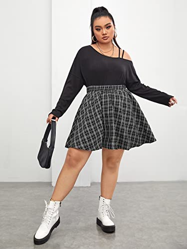 Romwe Women's Plus Size Plaid Skater Skirt Elastic High Waisted A Line Swing Short Skirts Black 1Xl #TOP4
