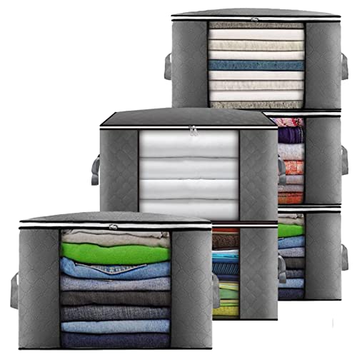 Bolsa de almacenamiento de ropa, 6 unidades, 90 L, organizador de soluciones de gran capacidad para ropa, edredones, mantas, ropa de cama con cremallera y ventana transparente, mango reforzado de tela