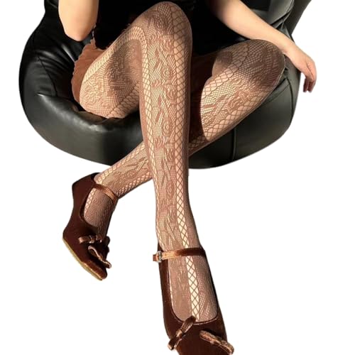 HEYXI Women French Vintage Fishnet Pantyhose Rose Patterned Sheer Mesh Tights Side Hollow Out Striped Stockings Coffee