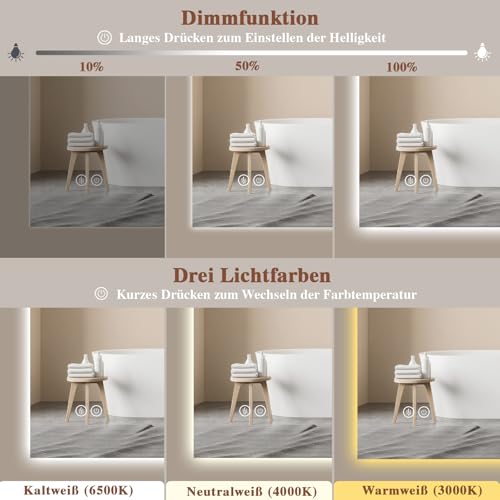 Archaluxe Badspiegel-mit-Beleuchtung 70x70cm - LED Badezimmerspiegel Badezimmer Spiegel mit Beleuchtung, Touch-Schalter, Dimmbar… – Ansicht 5