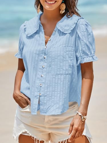Image of Tankaneo Womens Puff Sleeve Shirts Peter Pan Collar Button Down Cotton Blouse Casual Summer Textured Tops
