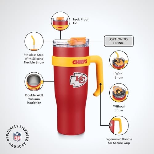 Image of The Memory Company Officially Licensed 46oz Team Color Slim Tumbler with Straw and Handle, Kansas City Chiefs